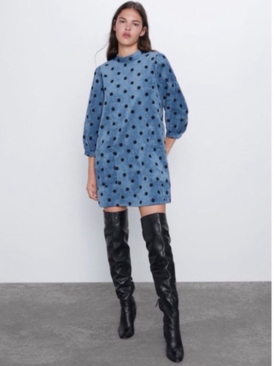 Zara Dresses & Skirts - Zara Polka Dot Corduroy Puff Sleeve Shift Dress
